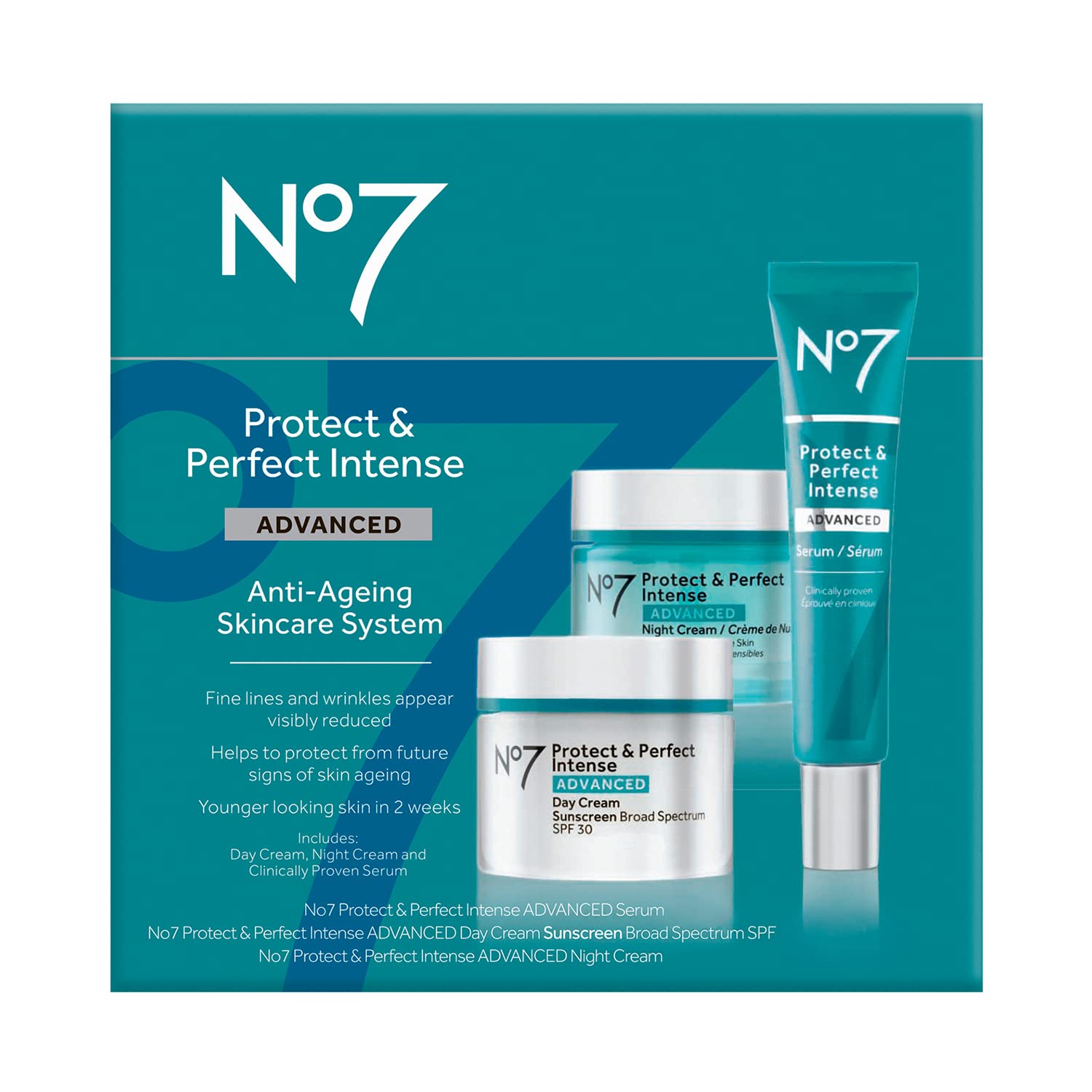 No7 Protect & Perfect Anti Aging Skincare Set - Includes SPF 30 Daytime Face Cream, Hydrating Shea Butter Night Cream & Hyaluronic Acid Face Serum (3 Piece Kit)